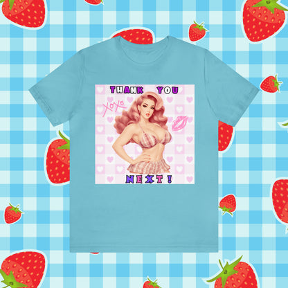 Timeless Elegance: Vintage Pink Pinup Girl "Thank You Next" on a Bella+Canva 3001 Unisex Jersey T-Shirt - A Must-Have Gift for her