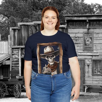Spooky Saloon Showdown Gunslinging Skeleton Cowboy Halloween Unisex Jersey Short Sleeve Tee