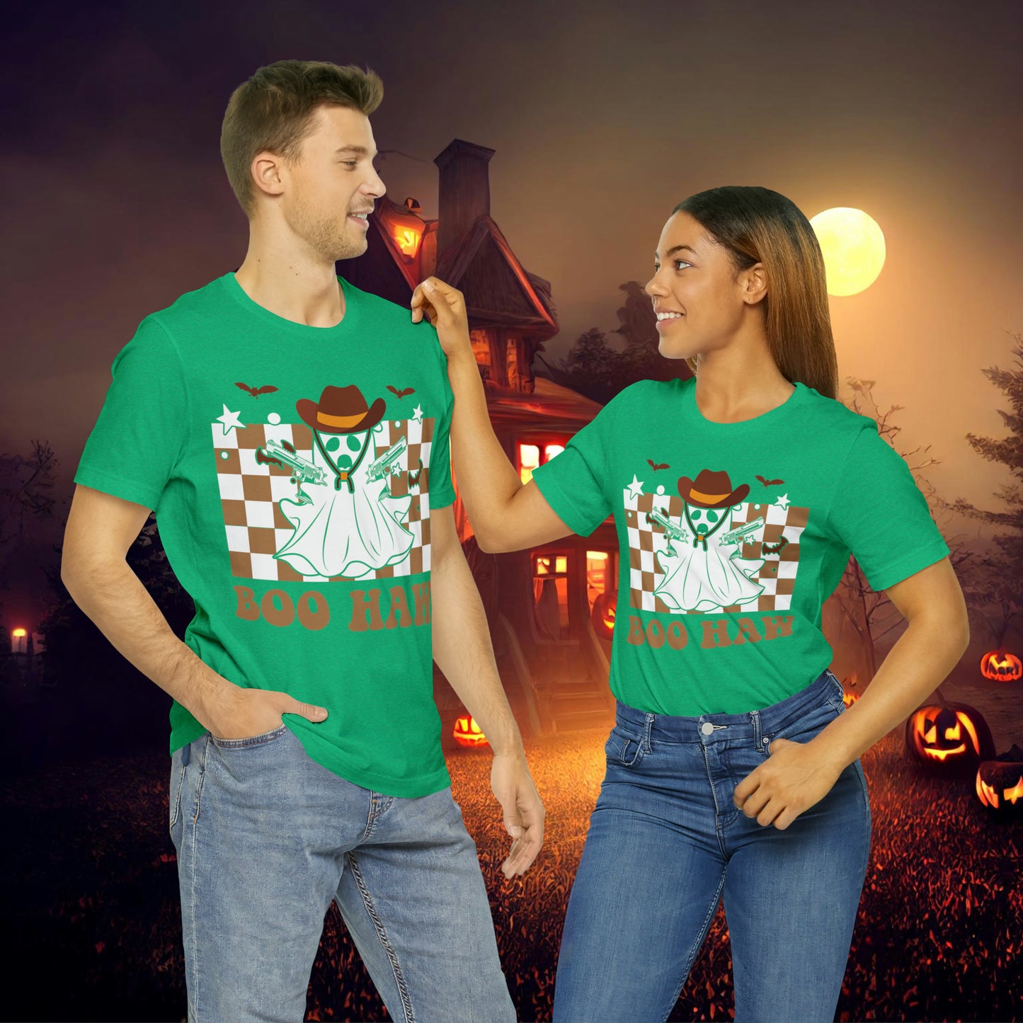 Cowboy Gunslinging Ghost saying Boo Haw Retro Western Halloween Unisex Jersey Short Sleeve Tee Gifts for Him Gifts for Her