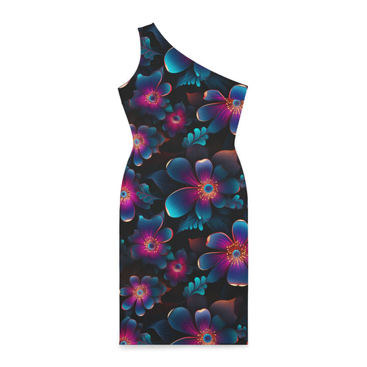 Neon Blossoms: Cyberpunk Garden Party Shoulder Dress (AOP)