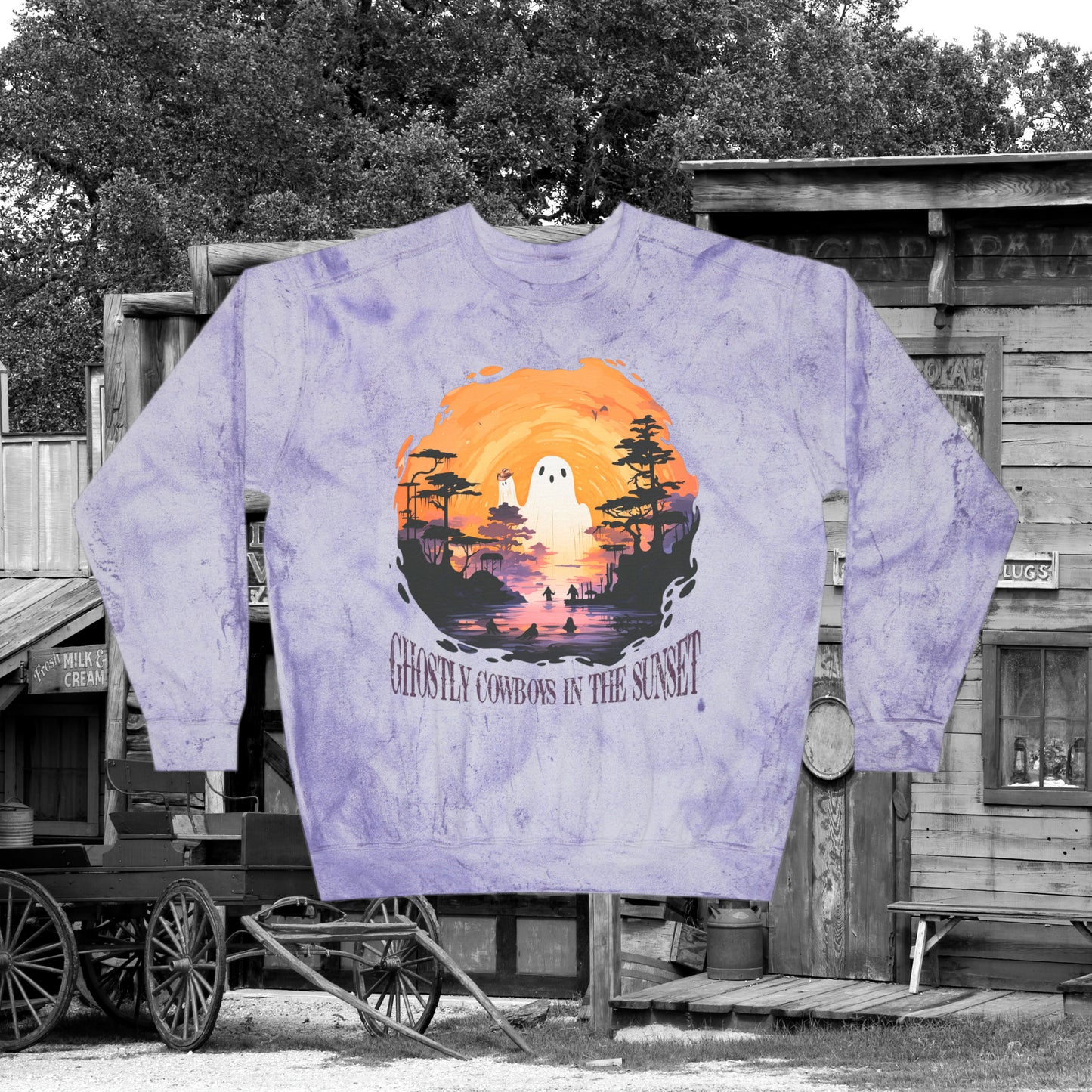 Ghostly Cowboys In the Sunset Western Halloween Unisex Color Blast Crewneck Sweatshirt Gifts for Her Gifts for Him