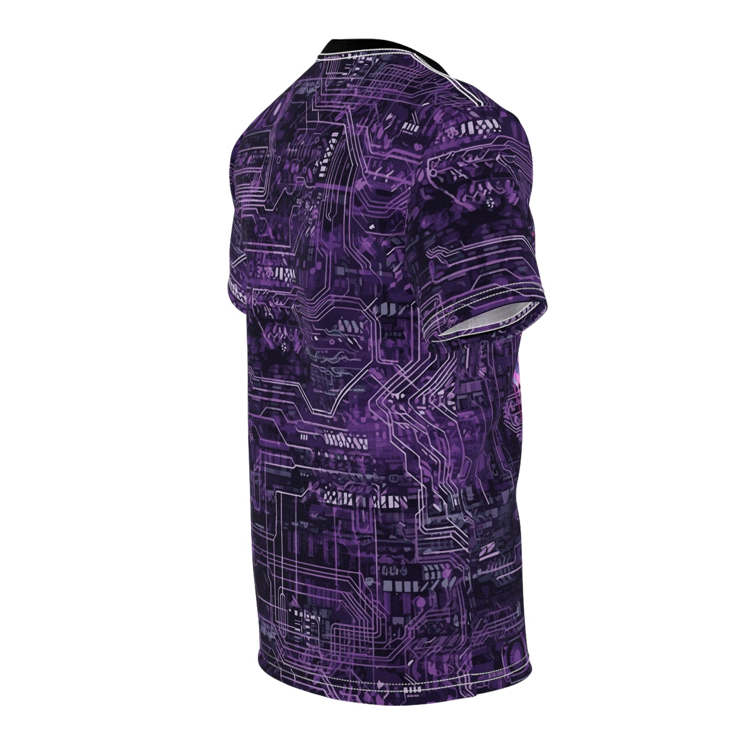 CyberPunk Cybernetic Skull breaking through a Purple Neon Circuit Board Unisex Cut & Sew Tee (AOP) Gifts for Her Gifts For Him