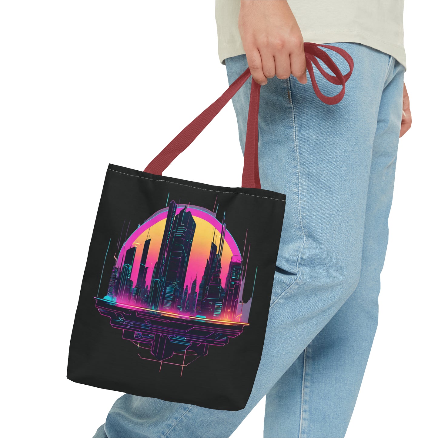 Cyberpunk City Landscape AOP Tote Bag 3 sizes 5 color handle options