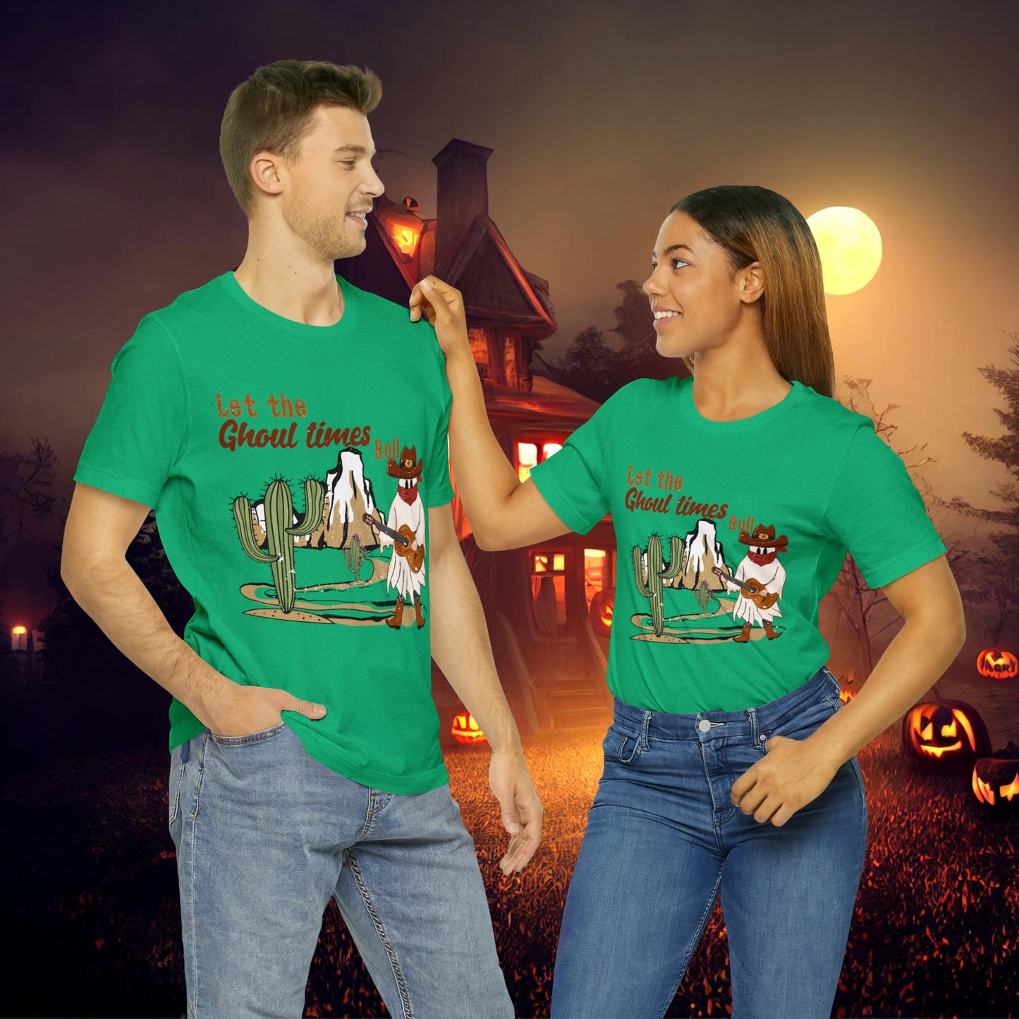 Cowboy Ghost playing the Guitar singing Let the Ghoul times roll Halloween Unisex Jersey Short Sleeve Tee Gifts for him Gifts for Her