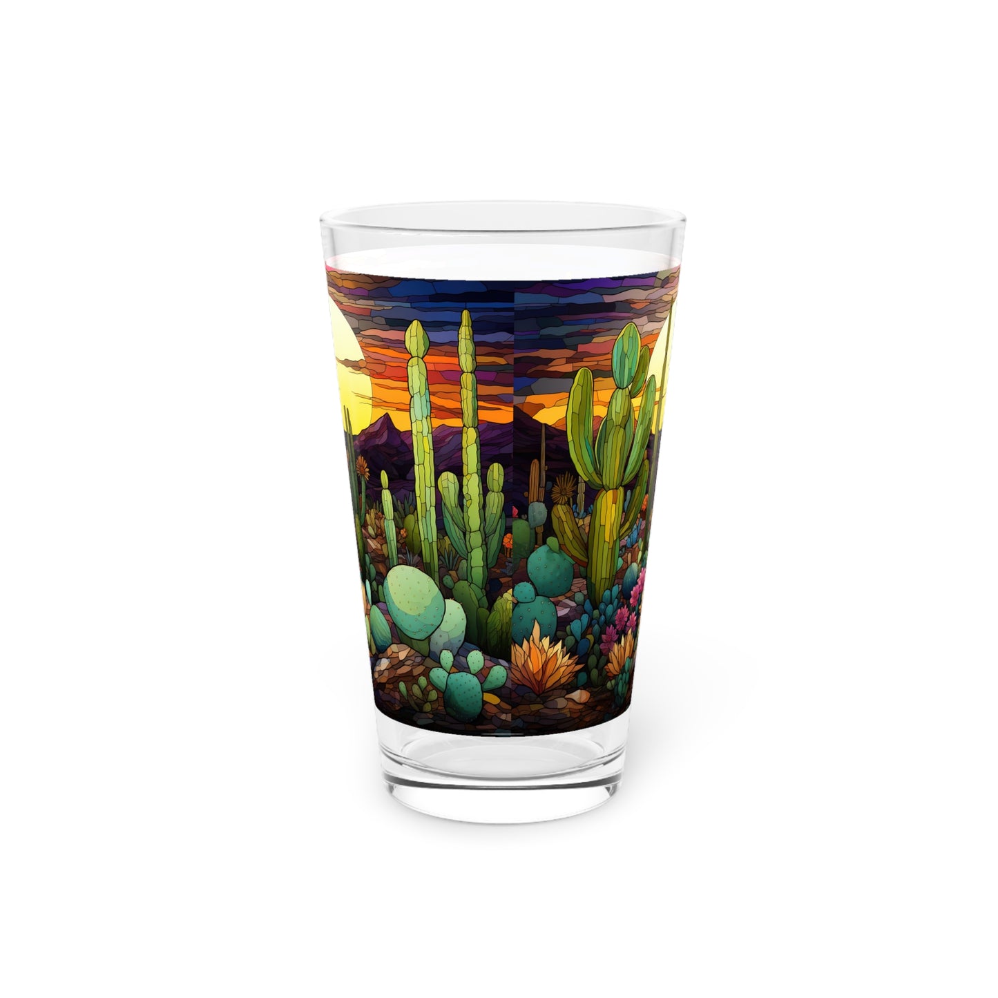 Nighttime in the Desert with a Cactus Bloom: A Stained Glass Tribute to Cacti 16oz Pint Glass Gift idea gifts for home decor housewarming gift