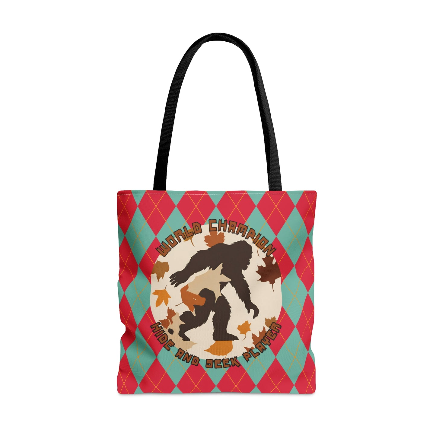 Bigfoot in Fall Leaves Plaid Tote Bag (AOP) - World Champion Hide and Seek Player