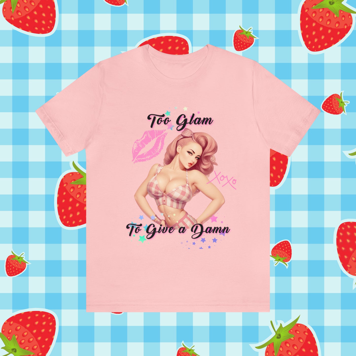 Vintage Pink Pinup Girl "Too Glam To Give a D*mn" on a Bella+Canva 3001 Unisex Jersey T-Shirt - A Must-Have Gift for her