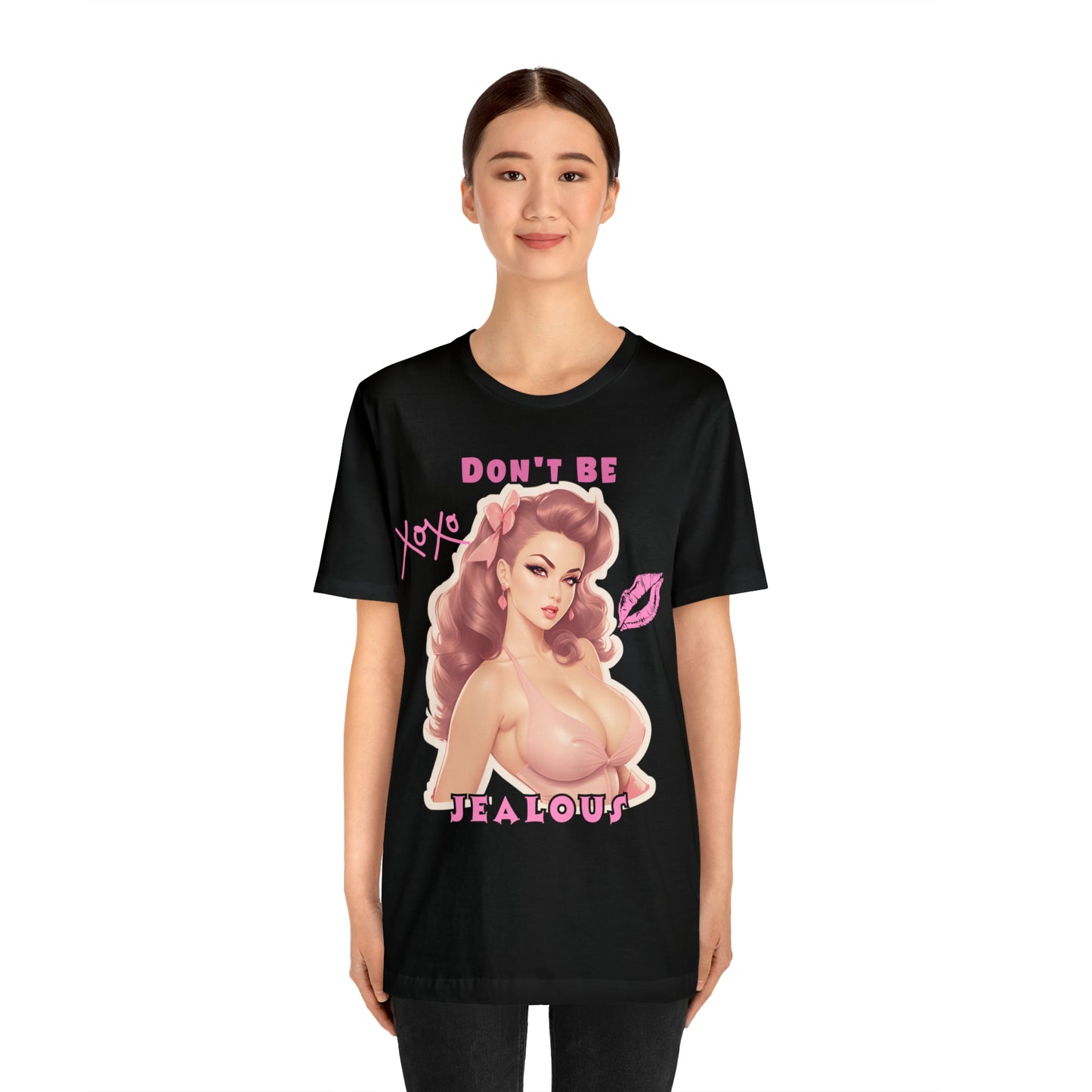 Timeless Elegance: Vintage Pink Pinup Girl "Don't Be Jealous" on a Bella+Canva 3001 Unisex Jersey T-Shirt - A Must-Have Gift for her