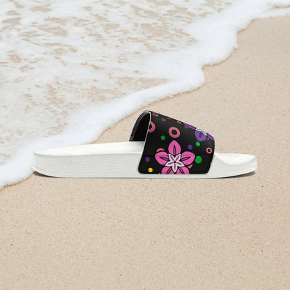 Good Times Good Vibes Feeling Groovy Retro Colorful Flowers Women's PU Slide Sandals