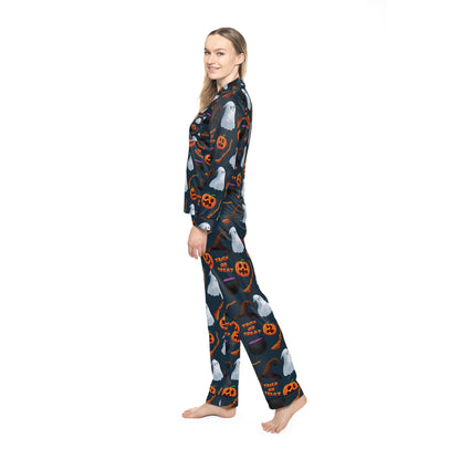Halloween Trick or Treat Ghosts Witch Hats Jack o Lanterns Women's Satin Pajamas (AOP)