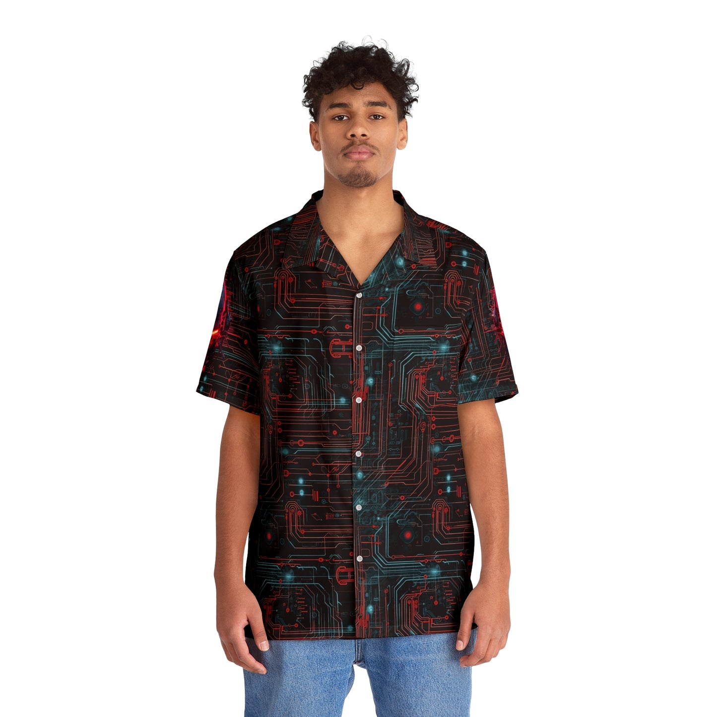 CyberPunk Cybernetic Skull breaking through a Red and Blue Neon Circuit Board Men's Hawaiian Shirt (AOP)