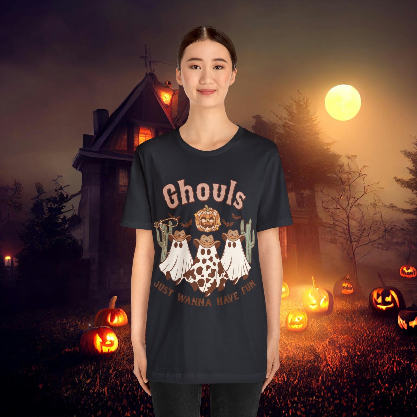 Ghouls Just wanna have fun Cowgirl Ghosts Retro Halloween Unisex Jersey Short Sleeve Tee Gifts for her