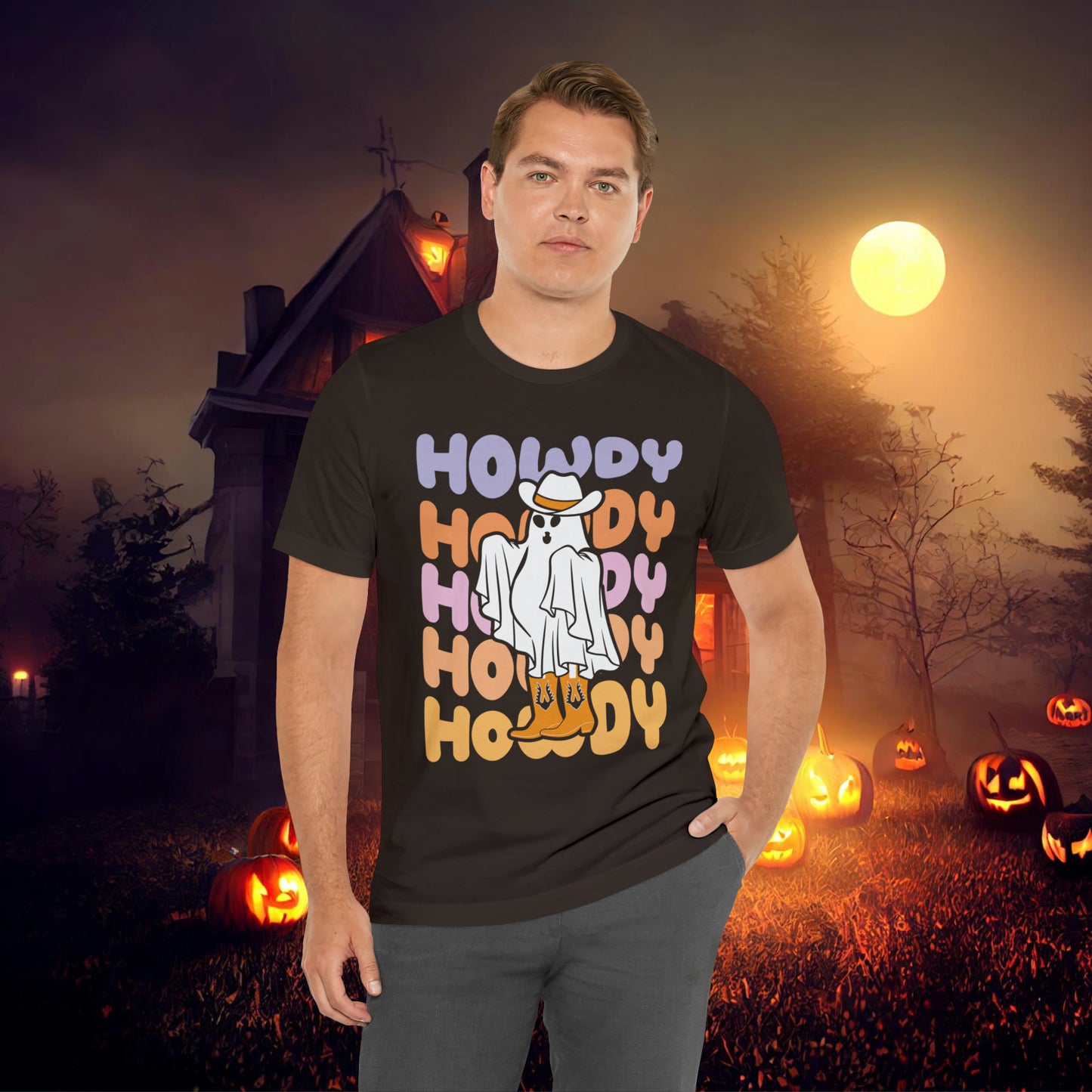 Cowboy Ghost Howdy Retro Halloween Unisex Jersey Short Sleeve Tee Gifts for Him Gifts For Her