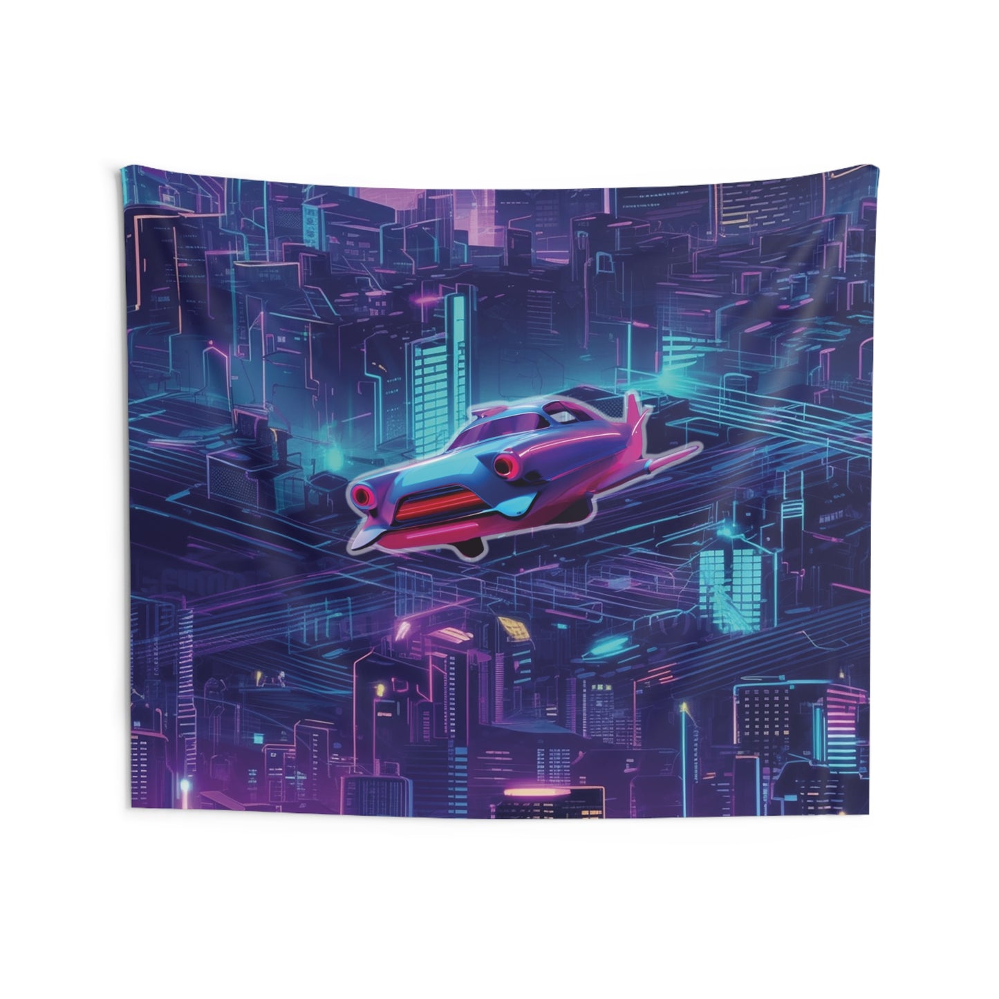 Futuristic Cyberpunk Cityscape Tapestry with Flying Car - Neon Wall Art for Modern Decor