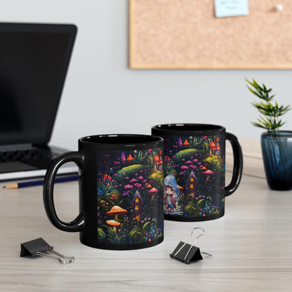 Fairy Tale Magical Forest With Colorful Mushrooms with little gnome girl11oz Black Mug