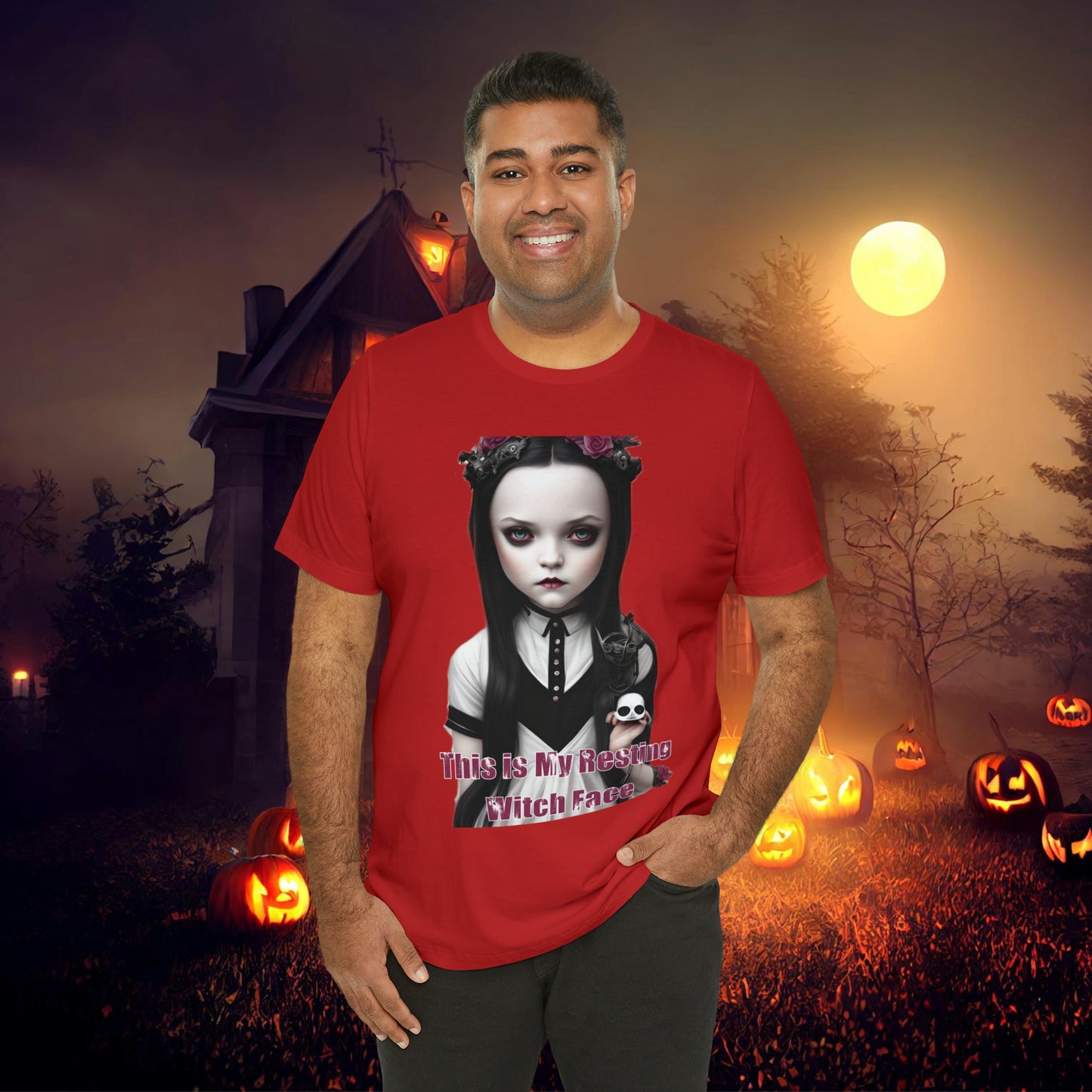 Wednesday Addams Chibi by Charlie Bowater This Is my Resting Witch Face Halloween Unisex Jersey Short Sleeve Tee