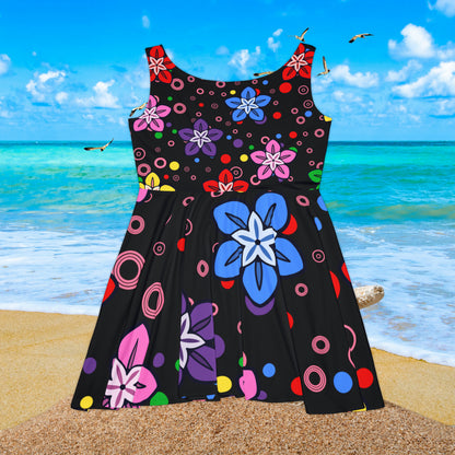 Good Times Good Vibes Feeling Groovy Retro Colorful Flowers Women's Skater Dress (AOP)