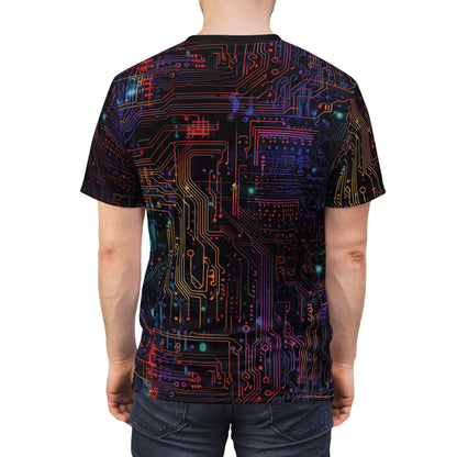 CyberPunk Futuristic Cybernetic Skull With Glowing Blue and Red Eyes breaking through a Neon Circuit Board Unisex Cut & Sew Tee (AOP)