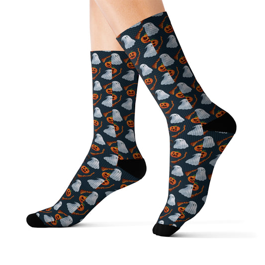 Halloween Trick or Treat Ghosts Witch Hats Jack o Lanterns Sublimation Socks