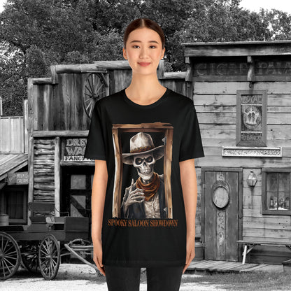 Spooky Saloon Showdown Gunslinging Skeleton Cowboy Halloween Unisex Jersey Short Sleeve Tee