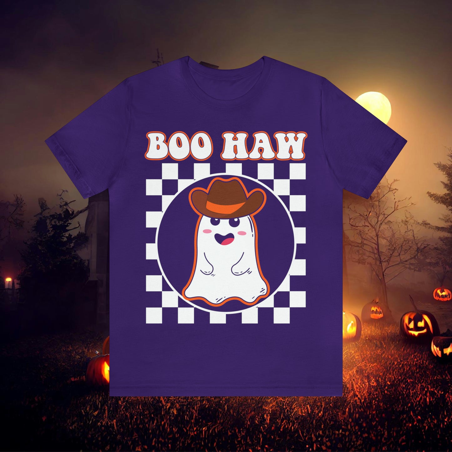 Cute Cowboy Ghost Saying Boo Haw Retro Groovy Western Halloween Unisex Jersey Short Sleeve Tee Gifts for Him Gifts For Her