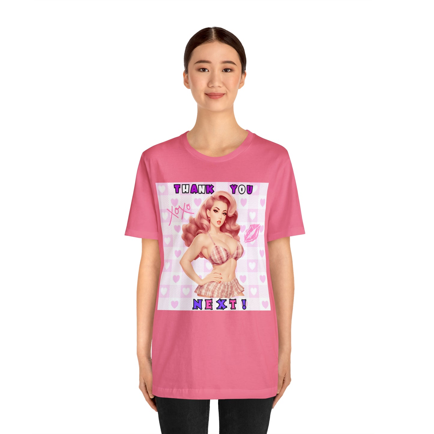 Timeless Elegance: Vintage Pink Pinup Girl "Thank You Next" on a Bella+Canva 3001 Unisex Jersey T-Shirt - A Must-Have Gift for her