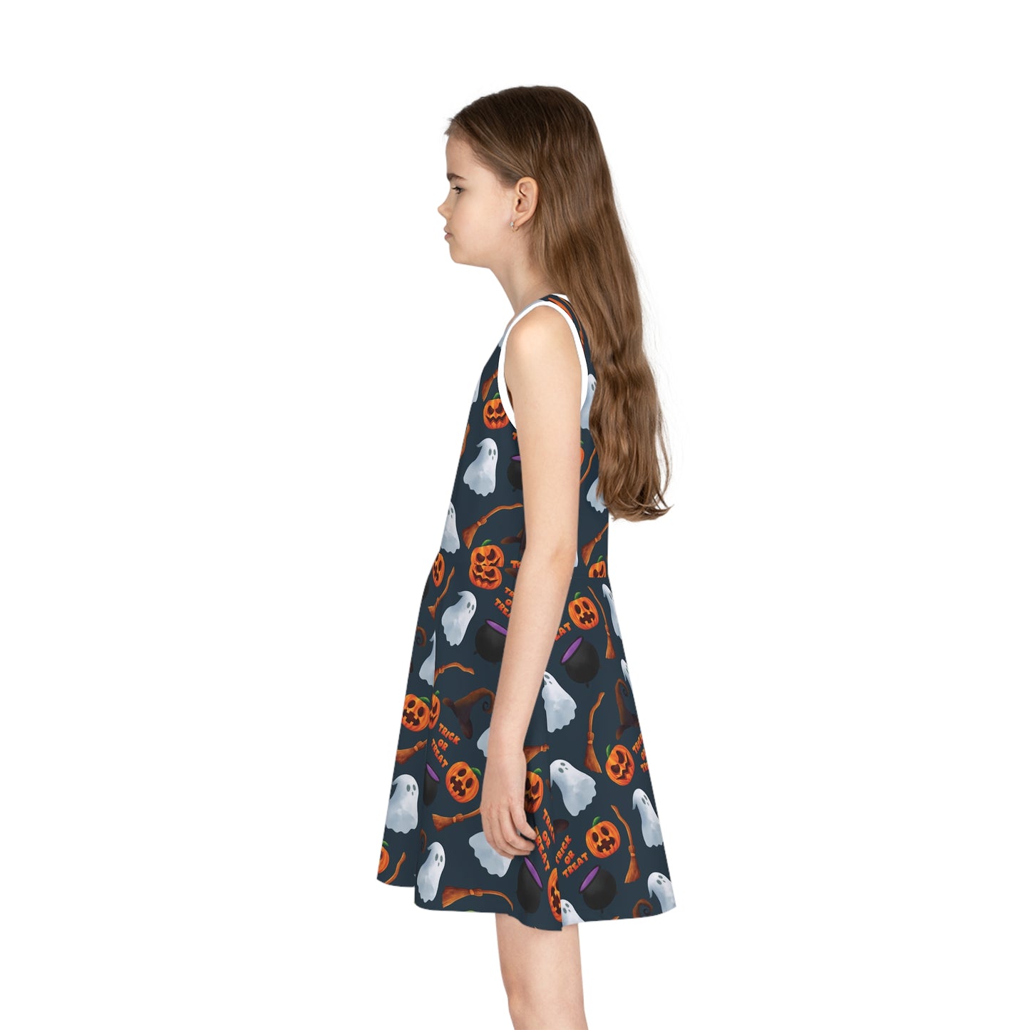 Halloween Trick or Treat Ghosts Witch Hats Jack o Lanterns Girls' Sleeveless Sundress (AOP)