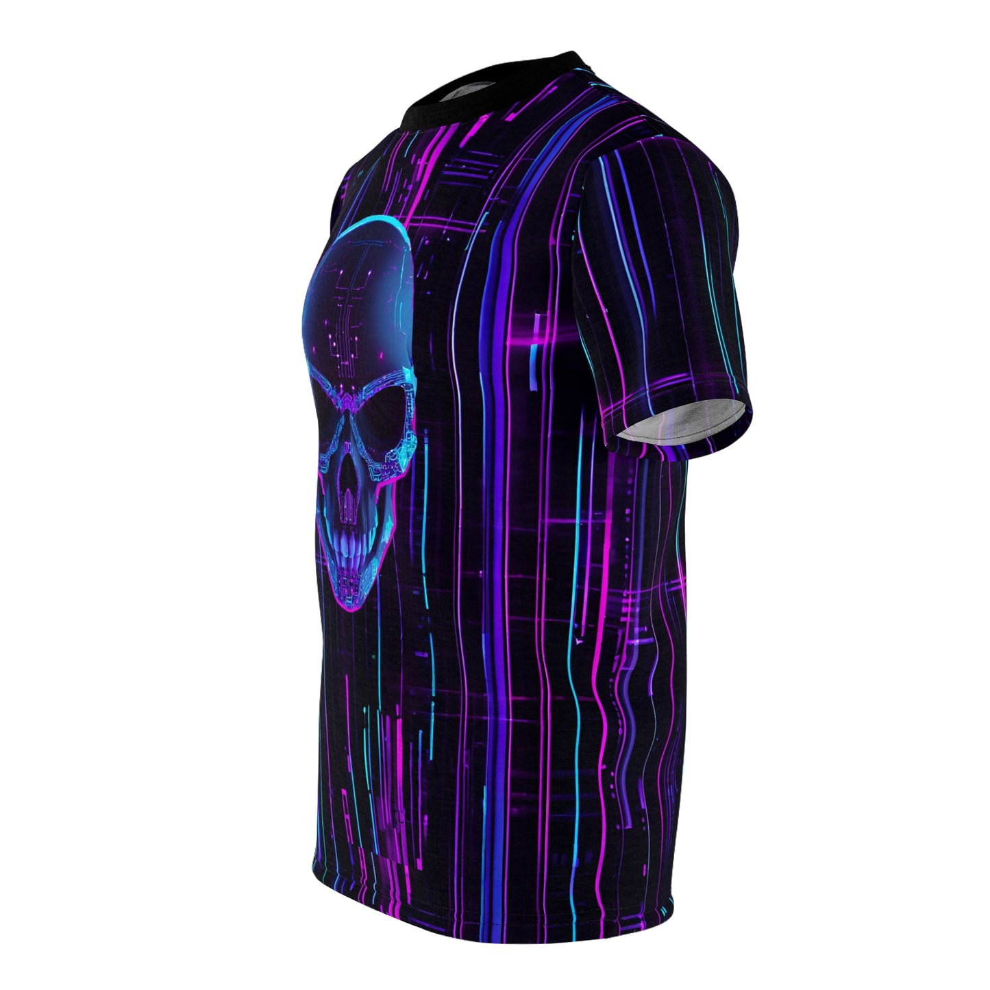 3D Neon Cyborg Skull on Futuristic Lights Cyberpunk Unisex Cut & Sew Tee (AOP)