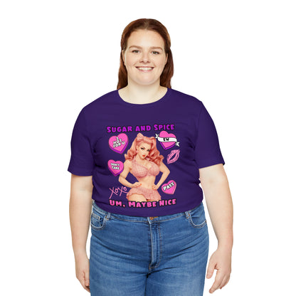 Sarcastic Elegance: Vintage Pink Pinup Girl "Sugar and Spice" on a Bella+Canva 3001 Unisex Jersey T-Shirt - A Must-Have Gift for her