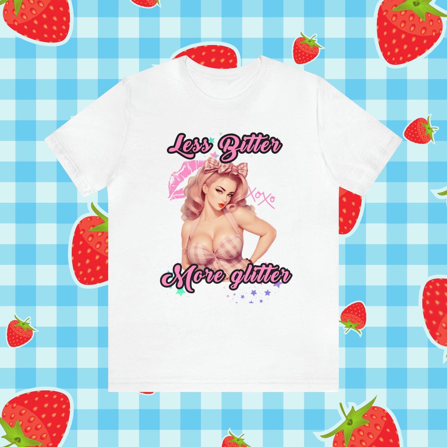 Vintage Pink Pinup Girl "Less Bitter More Glitter" on a Bella+Canva 3001 Unisex Jersey T-Shirt - A Must-Have Gift for her