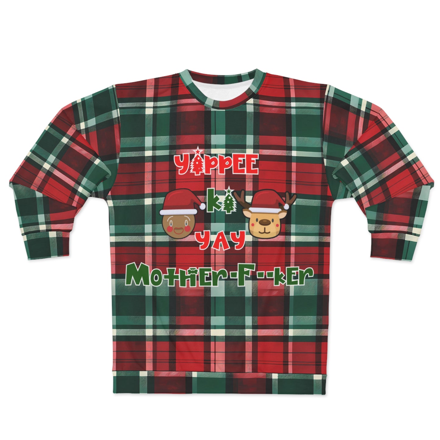 Die Hard Inspired Christmas Sweatshirt | Yippee Ki Yay Mother-F--cker | Festive Plaid Pattern | Unisex AOP Holiday Sweater