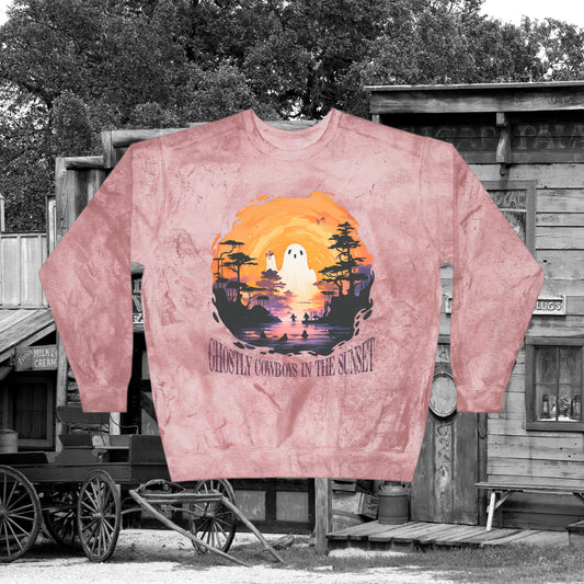 Ghostly Cowboys In the Sunset Western Halloween Unisex Color Blast Crewneck Sweatshirt Gifts for Her Gifts for Him