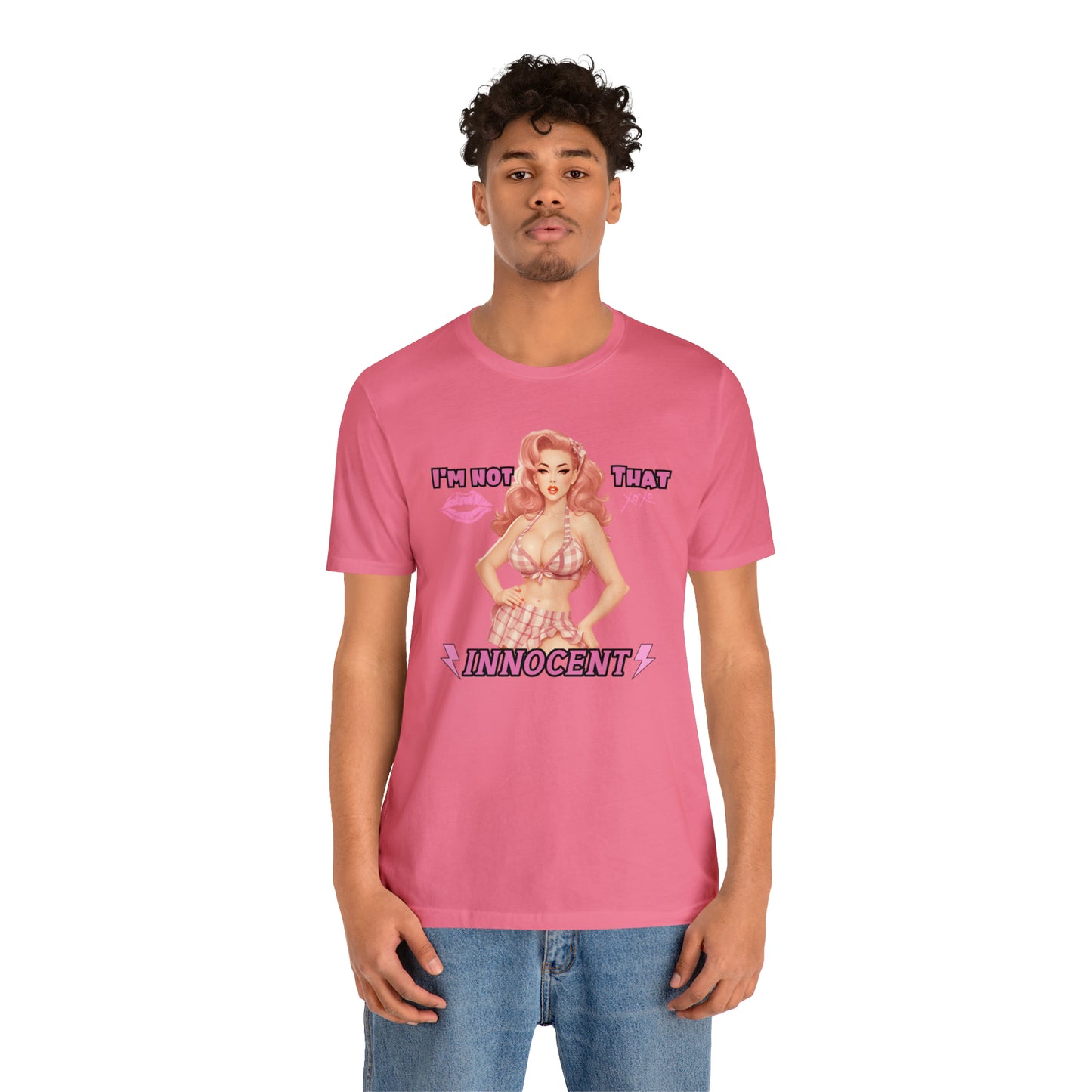 Timeless Elegance: Vintage Pink Pinup Girl "I'm not that Innocent on a Bella+Canva 3001 Unisex Jersey T-Shirt - A Must-Have Gift for her