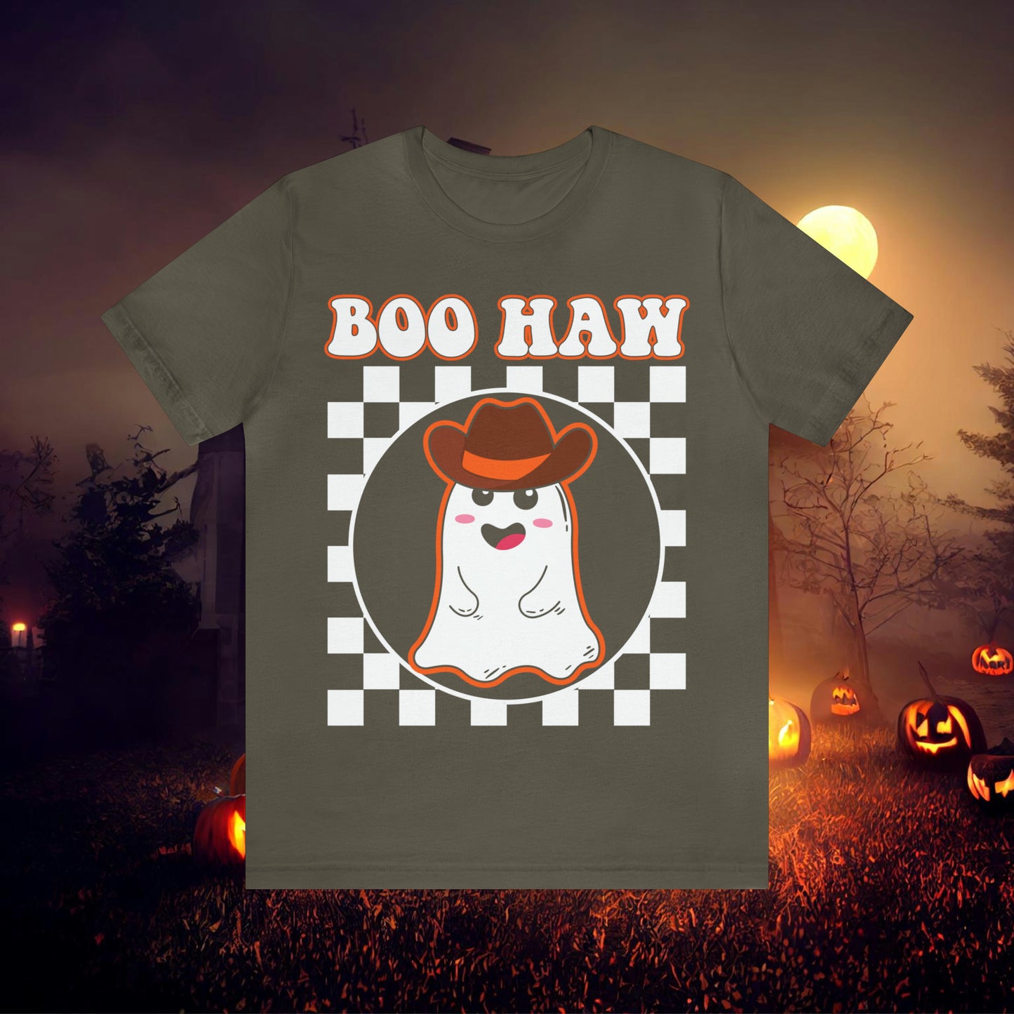 Cute Cowboy Ghost Saying Boo Haw Retro Groovy Western Halloween Unisex Jersey Short Sleeve Tee Gifts for Him Gifts For Her