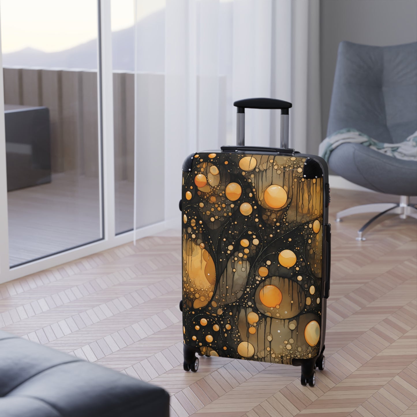 Halloween Yellow Orange Floating Blobs and Dark Suitcase