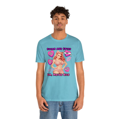 Sarcastic Elegance: Vintage Pink Pinup Girl "Sugar and Spice" on a Bella+Canva 3001 Unisex Jersey T-Shirt - A Must-Have Gift for her