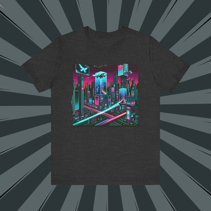 Neon Cityscape Tee, Retro Graphic T-Shirt, Unisex Casual Wear, Streetwear, Holiday Gift, Cyberpunk Style