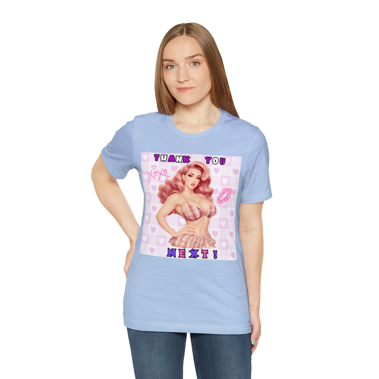 Timeless Elegance: Vintage Pink Pinup Girl "Thank You Next" on a Bella+Canva 3001 Unisex Jersey T-Shirt - A Must-Have Gift for her