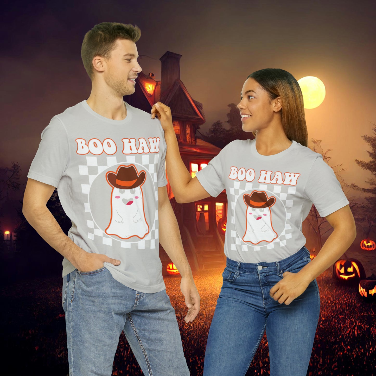 Cute Cowboy Ghost Saying Boo Haw Retro Groovy Western Halloween Unisex Jersey Short Sleeve Tee Gifts for Him Gifts For Her