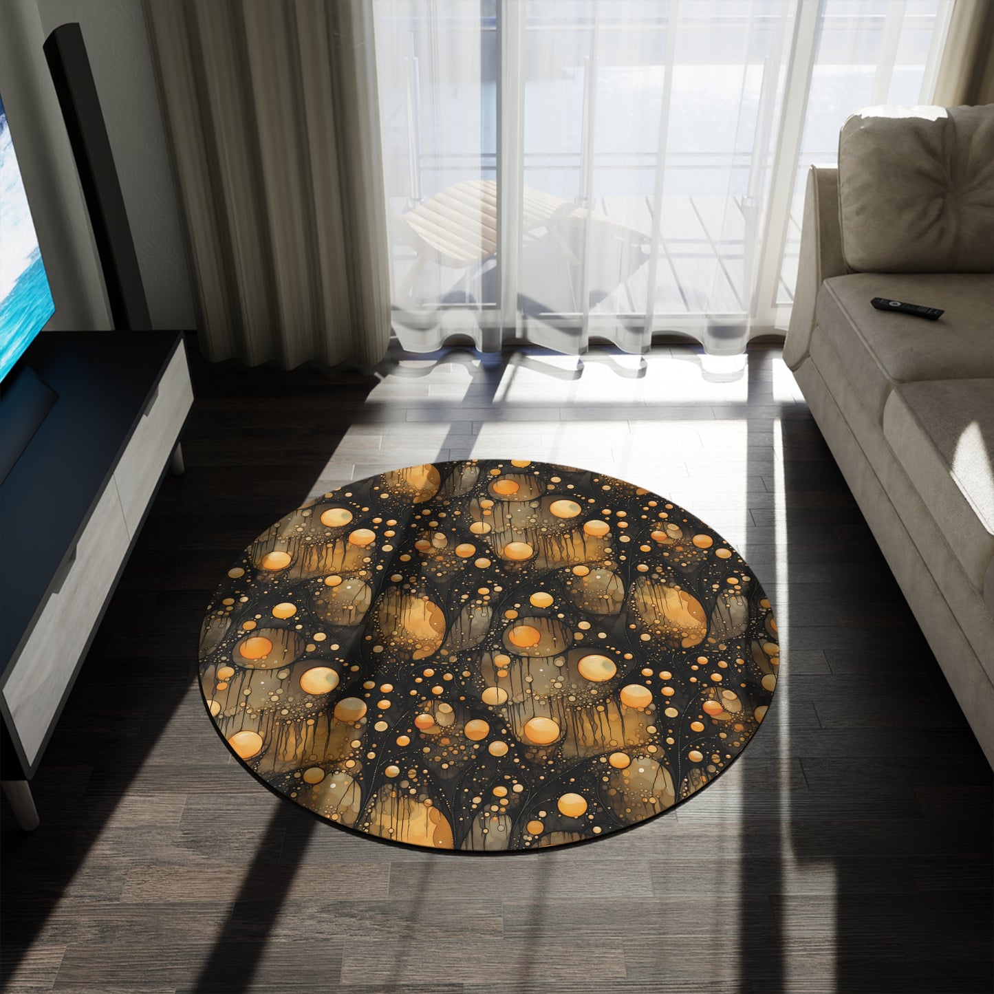 Halloween Yellow Orange Floating Blobs and Dark Round Rug