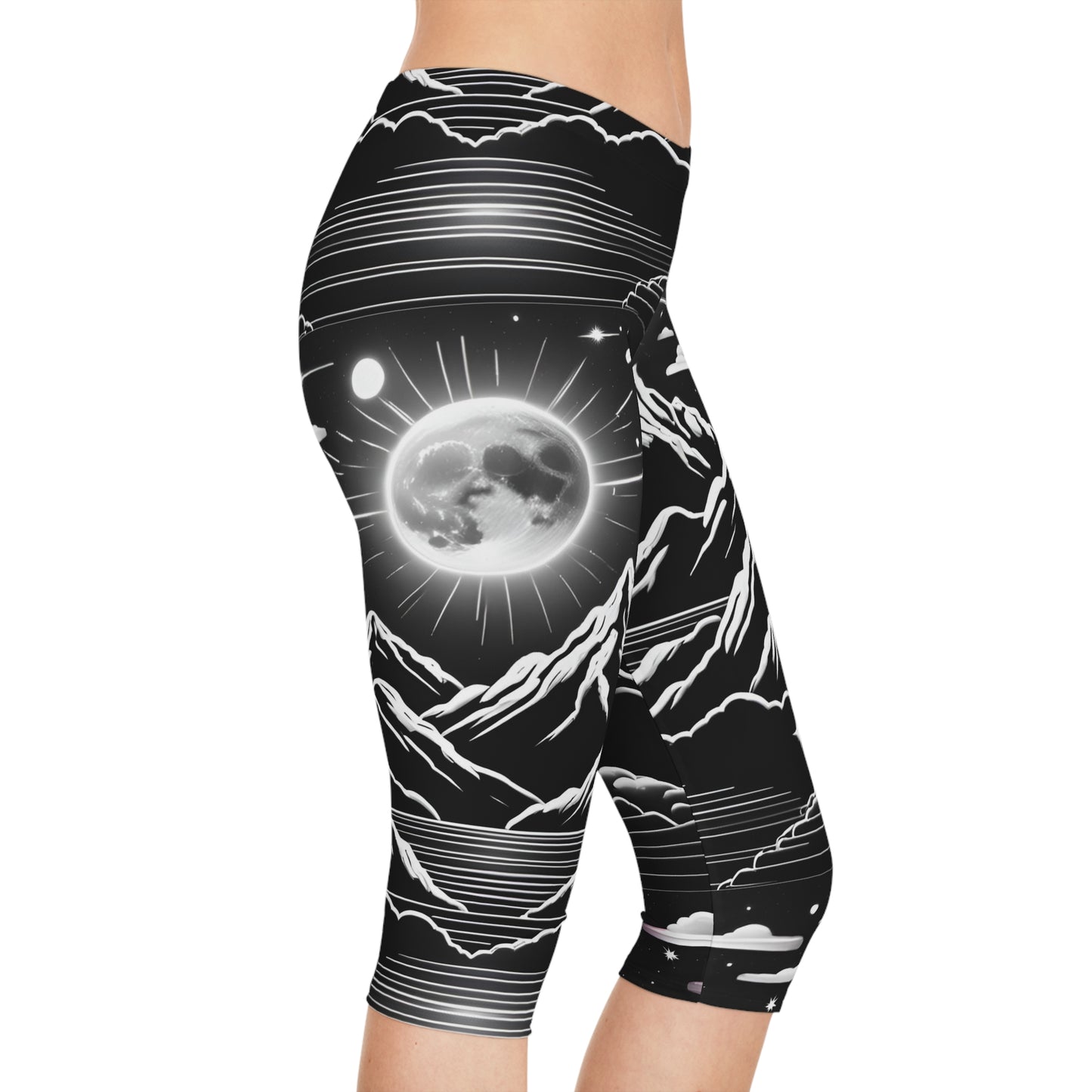 Women's Capri Leggings with Night Sky Silhouette and Moon Over Water - AOP Fitness & Yoga Leggings