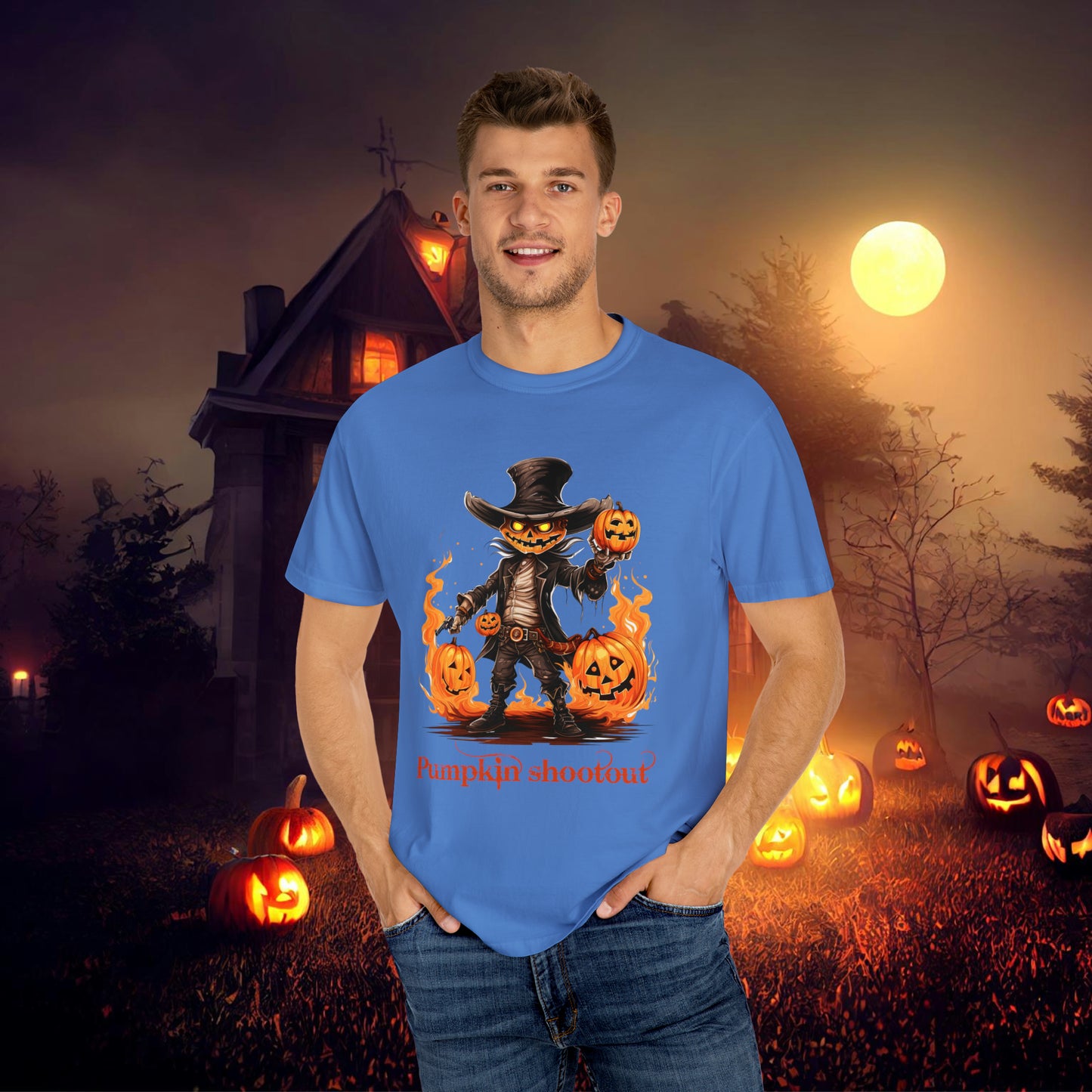 Cowboy Skeleton Gunslinger Pumpkin Shoot Out Halloween Unisex Garment-Dyed T-shirt Gifts for her Gifts for him