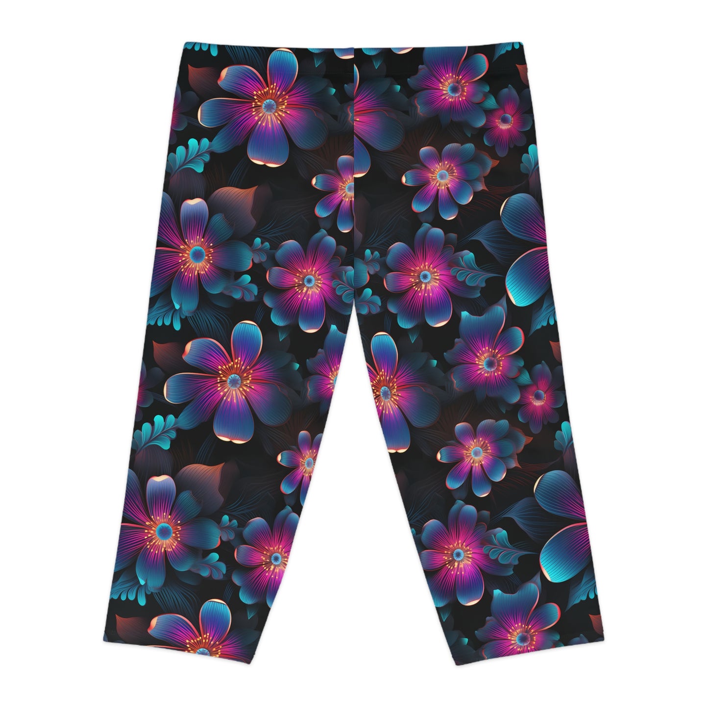 Women's Capri Leggings with Neon Flower Pattern - Vibrant AOP Activewear