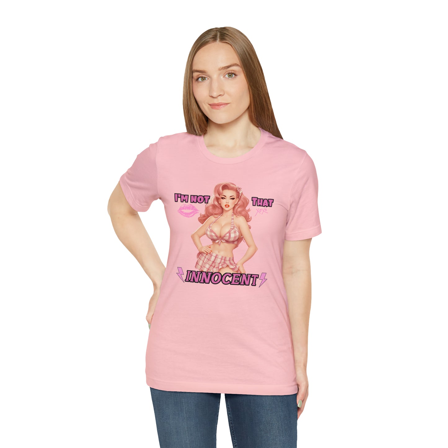 Timeless Elegance: Vintage Pink Pinup Girl "I'm not that Innocent on a Bella+Canva 3001 Unisex Jersey T-Shirt - A Must-Have Gift for her