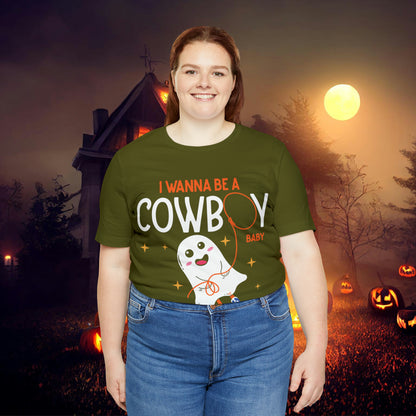 Little Ghost Saying I wanna be a cowboy baby Retro Groovy Western Halloween Unisex Jersey Short Sleeve Tee Gifts for Him Gifts for her.