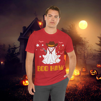 Ghost Cowboy Gunslinger saying Boo Haw Retro Western Halloween Unisex Jersey Short Sleeve Tee Gifts for Her Gifts for Him
