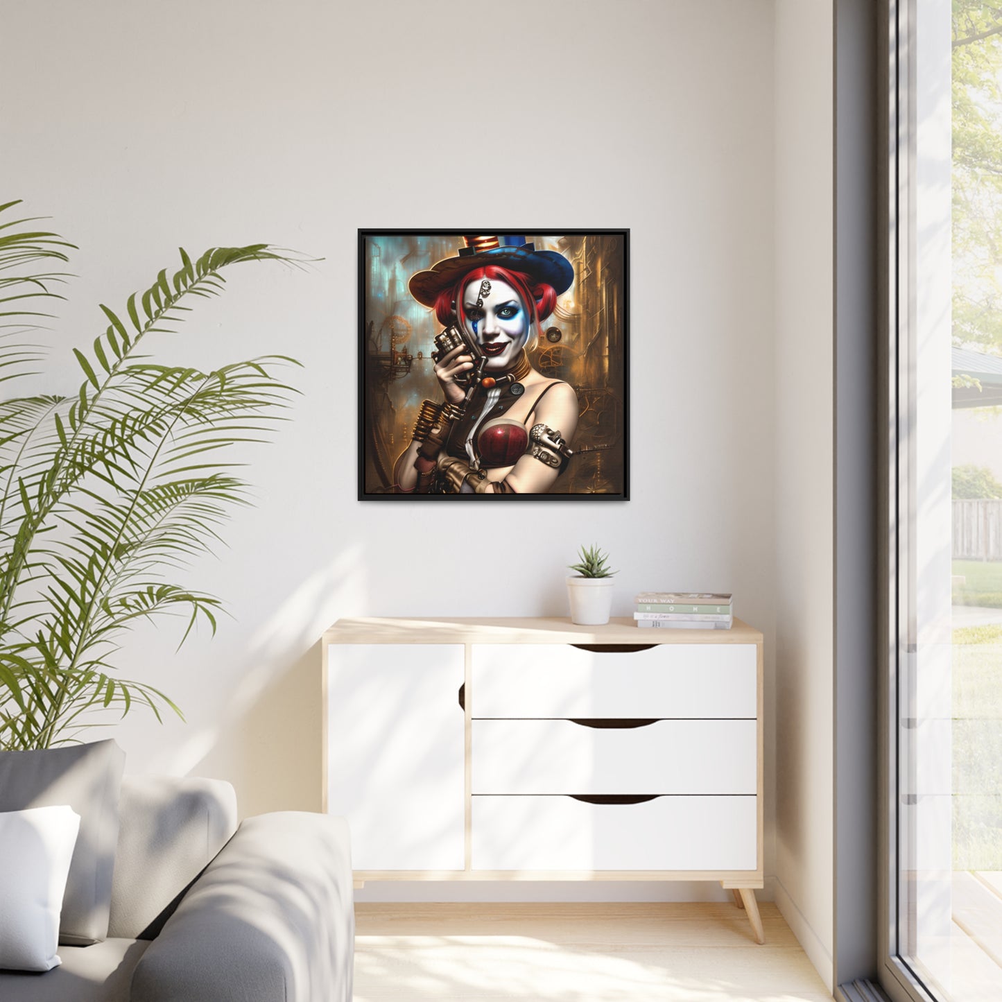 Hyper Realistic Steampunk Harley Quinn Matte Canvas, Black Frame