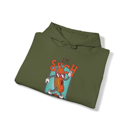 "DirkyThreadz Hot Dog Coolness Hoodie - Quirky Cartoon Design in Bold Blue"