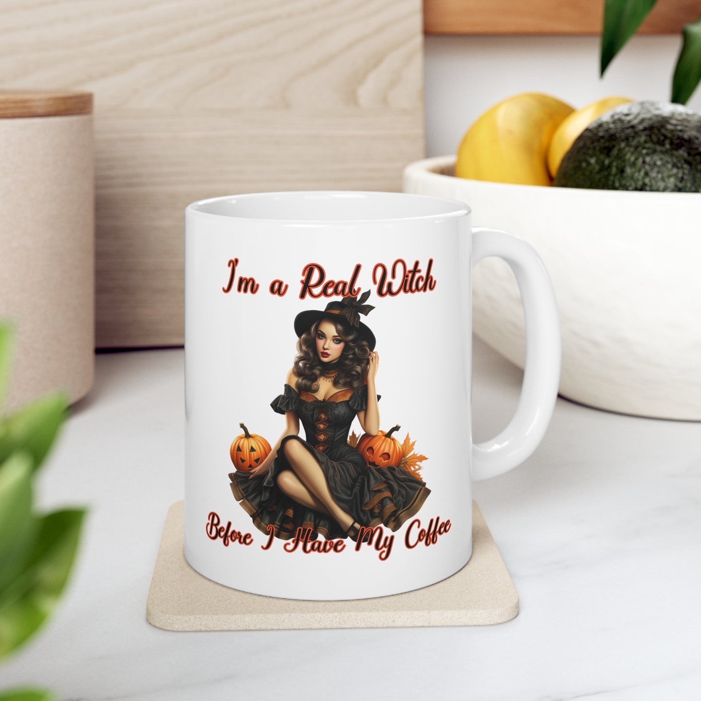 Vintage Pinup Witch: Sip Your Spells in Style "I'm a real Witch before I have my coffee" Halloween Ceramic 11oz Mug Gifts for her