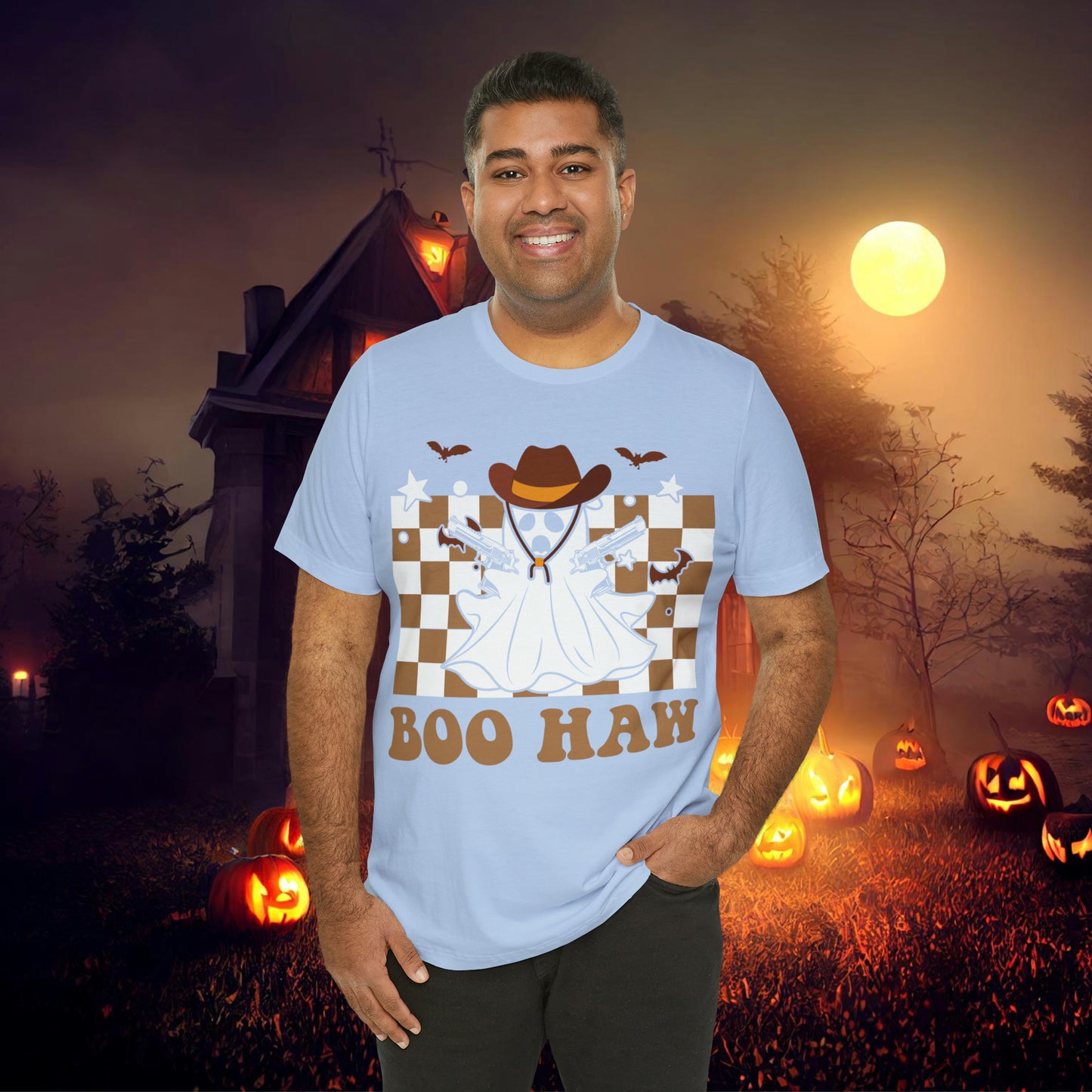 Cowboy Gunslinging Ghost saying Boo Haw Retro Western Halloween Unisex Jersey Short Sleeve Tee Gifts for Him Gifts for Her